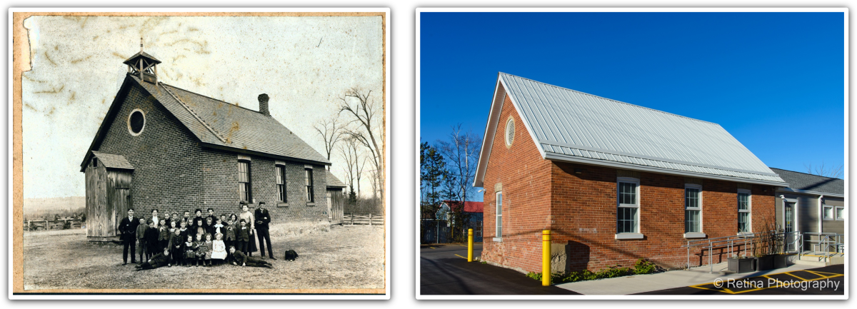 Black and white historical image of schoolhouse at 97 Ferndale Drive North, Barrie and colourful present day photo
