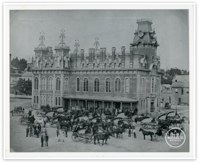 Black and white photo of the Market Building on Mulcaster Street in 1890