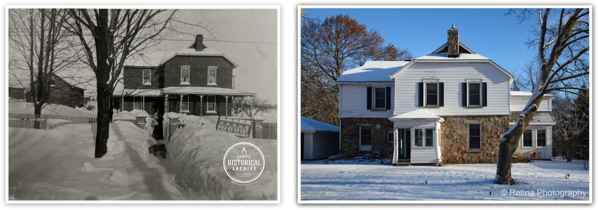 Black and white photo of the house located at 105 Sunnidale Road, Barrie, shown in 1907 and colourful present day