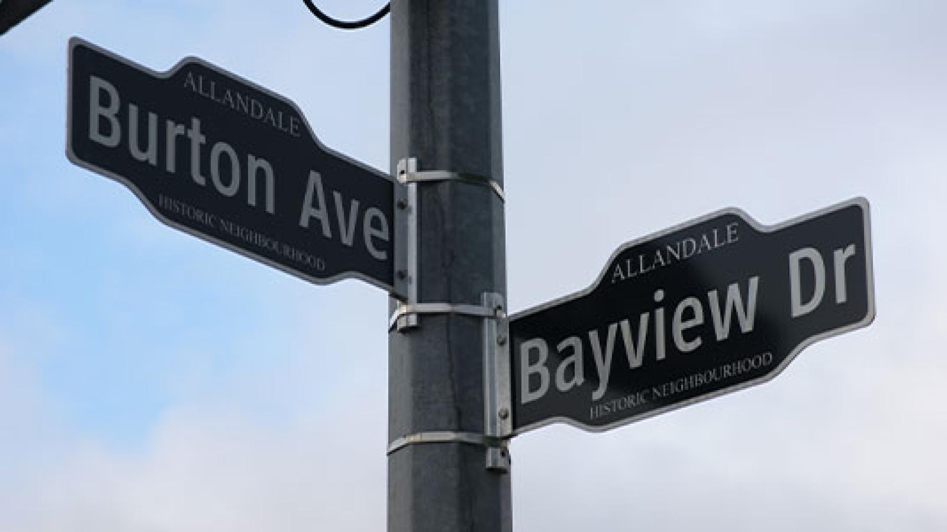 Street signs: Burton Ave and Bayview Dr