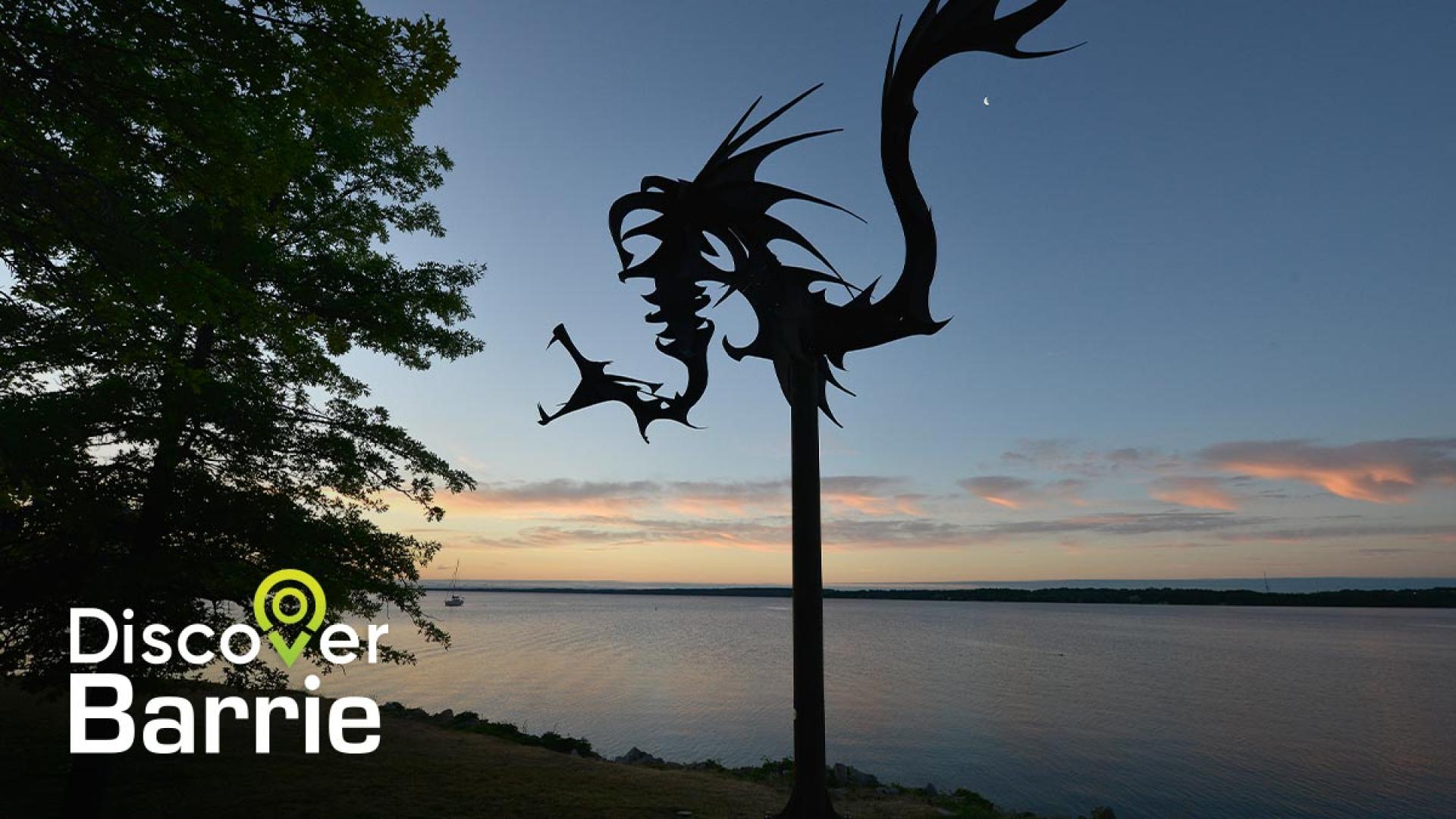 Discover Barrie logo over photo of Sea Serpent public art piece