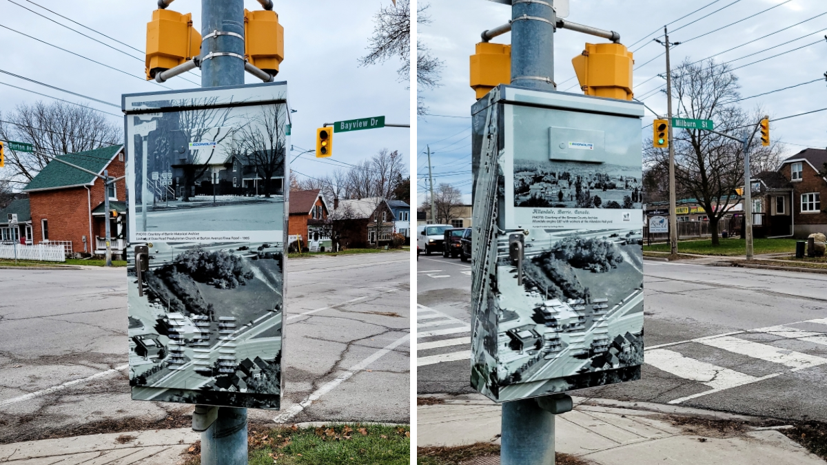 Two traffic cabinets wrapped with heritage images from Barrie