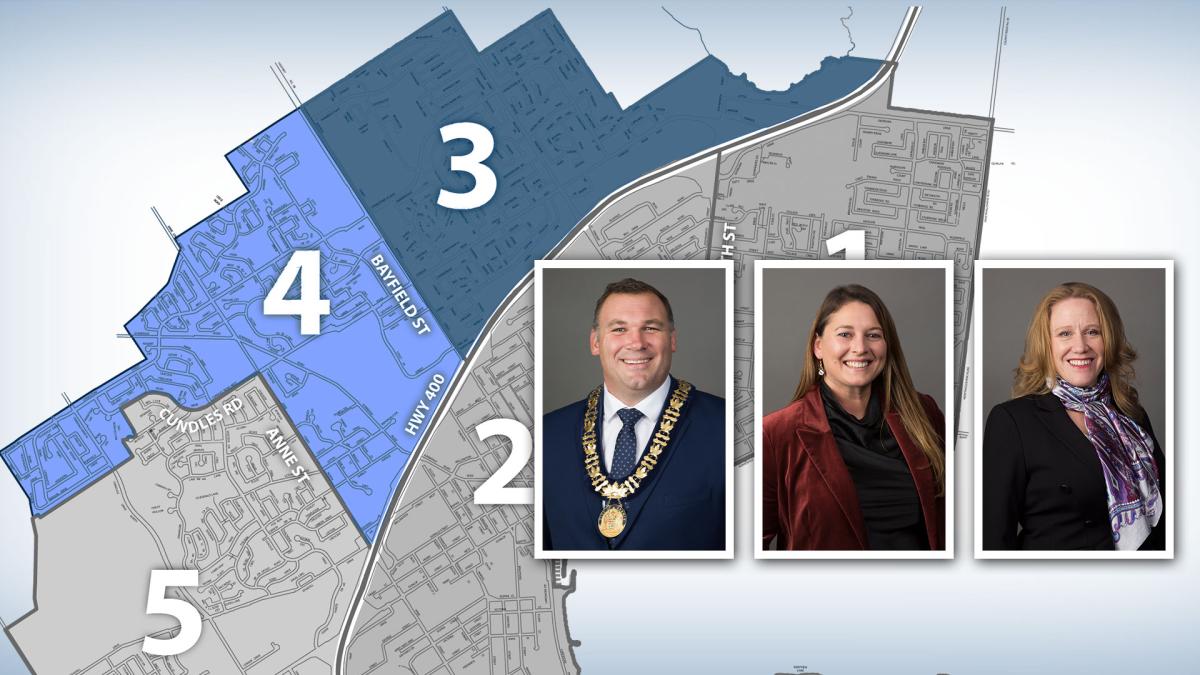 map highlighting boundary for wards 3 and 4, with headshot mayor and ward councillors