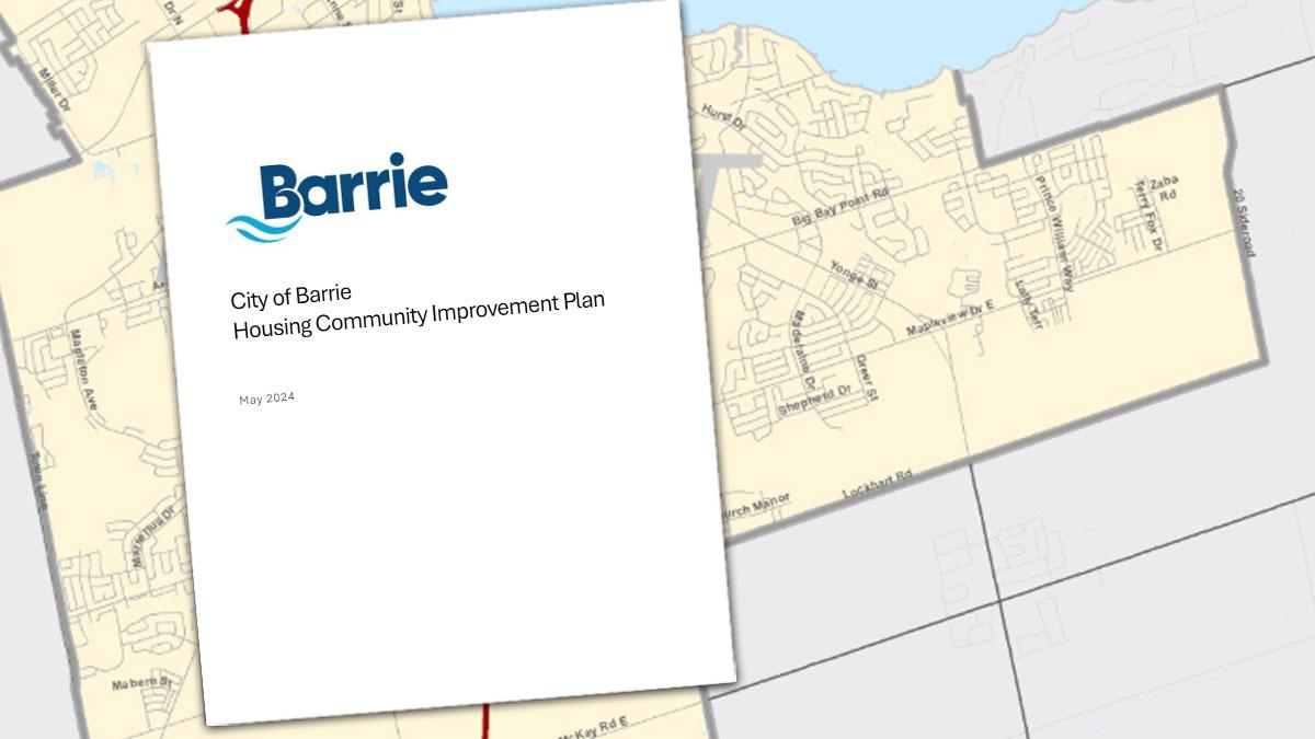 Housing CIP document over map of Barrie