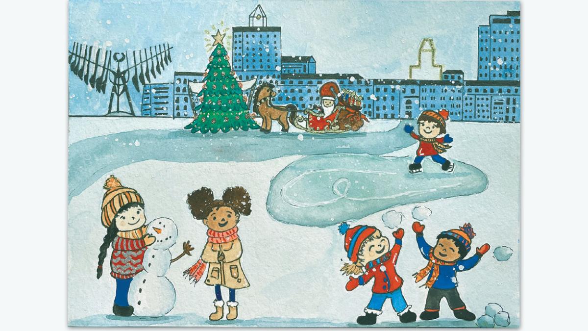 Drawing of kids playing in the snow, building a snowperson, skating on a pond; Christmas tree and santa with reindeer in background, spirit catcher and City Hall arch in background