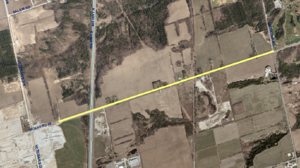 Map highlighting McKay Road from just west of Highway 400 to Huronia Road.