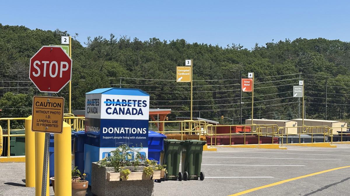 Various bins at the Recycling Depot, including a Diabetes Canada donations bin
