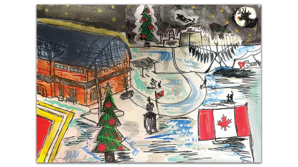 A lively and colourful artwork featuring a Christmas tree, Canada flag and the Barrie Allandale Transit Terminal.