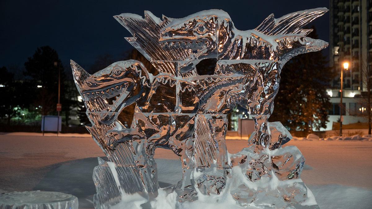 Ice carved into dinosaur sculptures.