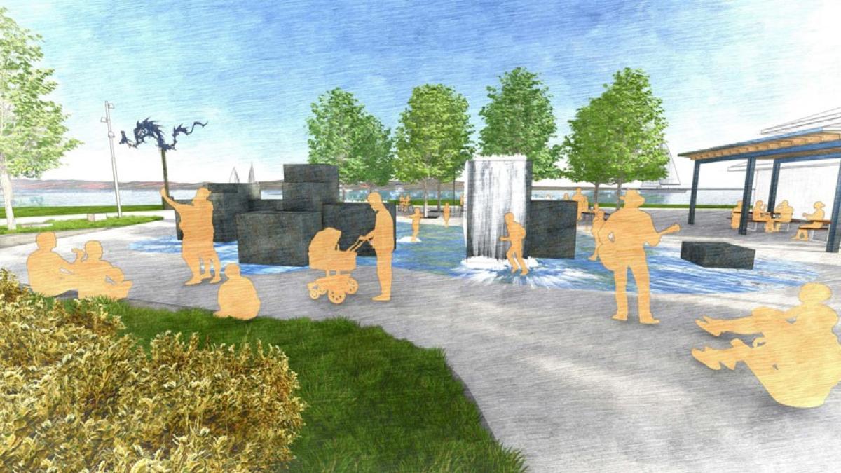Rendering of a vibrant park scene with people interacting around a water feature and greenery.