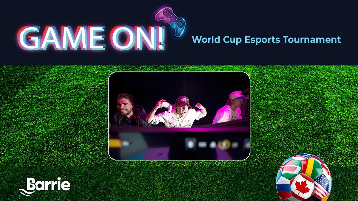 Esports competitors at a tournament, colourful background with "GAME ON!" text and a soccer-themed logo.