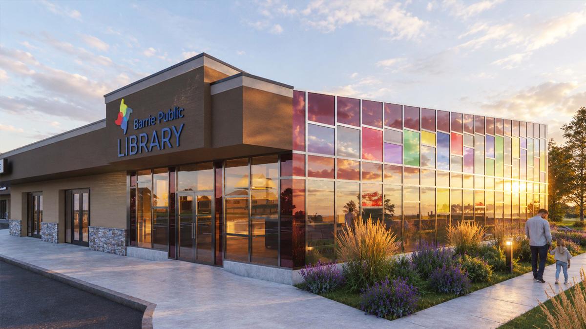 Rendering of the Letitia Heights Library Branch featuring modern exterior with colourful glass windows reflecting sunset, surrounded by greenery.