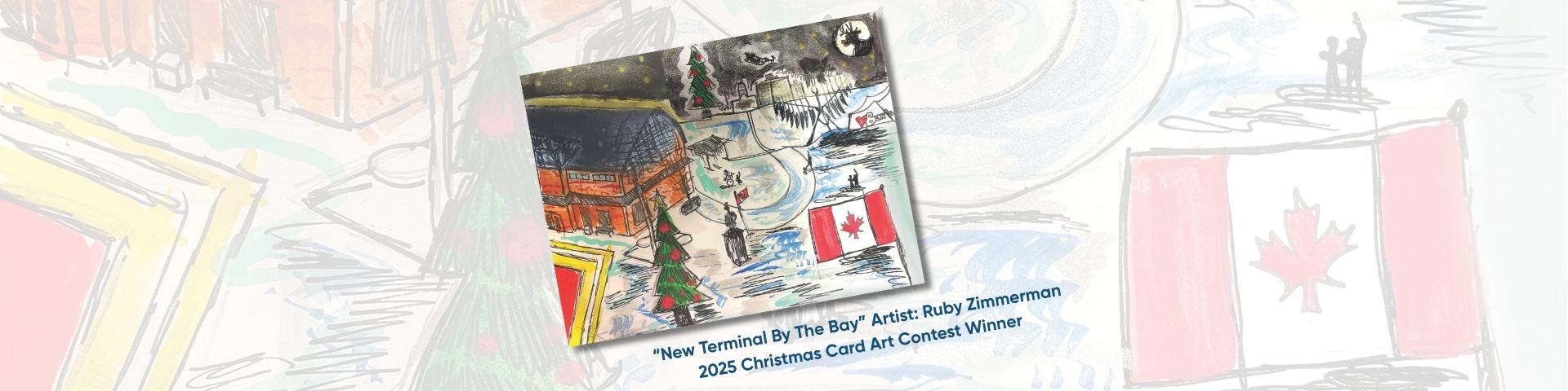 "New Terminal By the Bay" by artist Ruby Zimmerman, a lively and colourful artwork featuring a Christmas tree, Canada flag and the Barrie Allandale Transit Terminal.