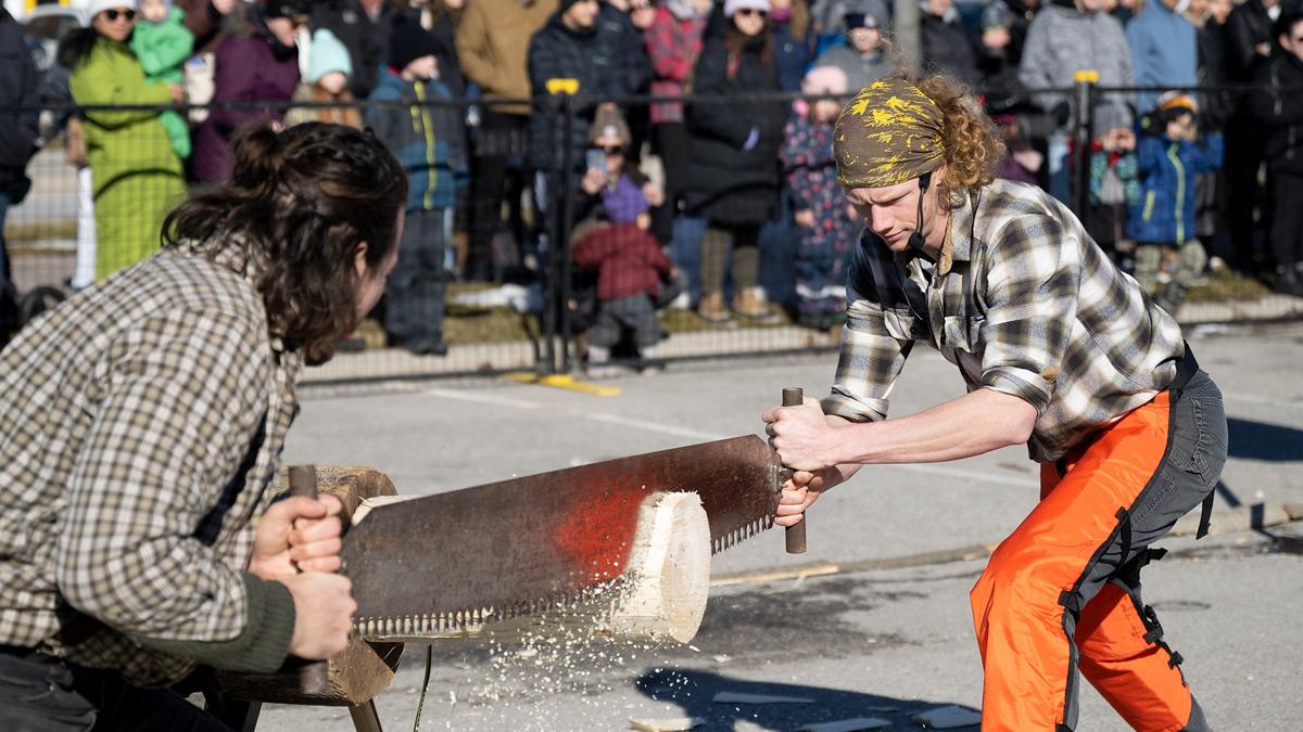 Lumberjacks sawing wood as the crowd watches