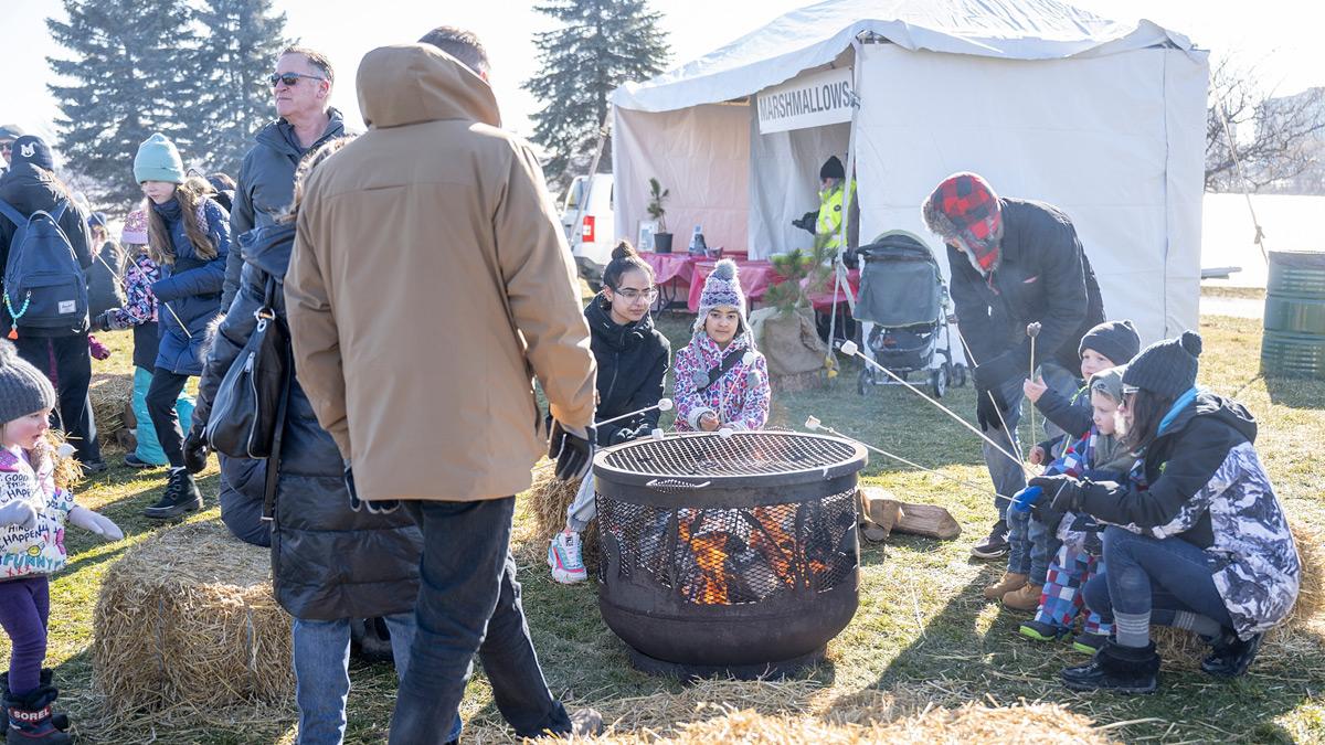 Kids roasting marshmallows over a fire pit