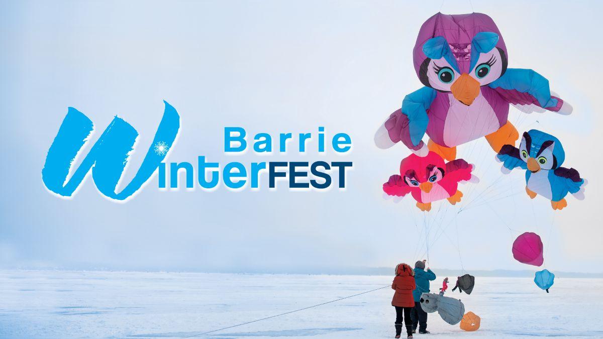 People flying kites over a frozen body of water | Text: Barrie Winterfest