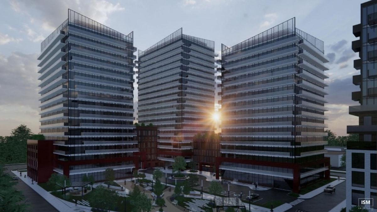 Rendering of three towers ranging in height from 15 to 20 storeys.