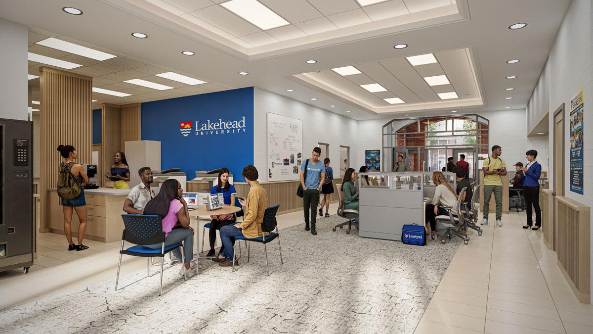 Rendering of students working in a brightly lit space, with a blue feature wall with the Lakehead University logo.