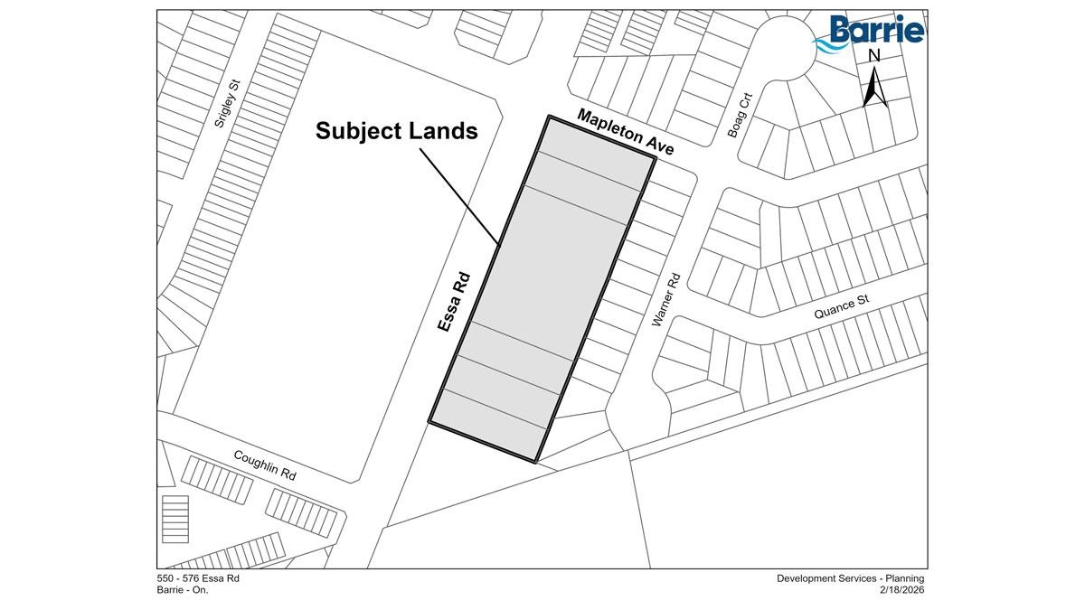 Map highlighting a rectangular plot labeled "Subject Lands" at the southeast corner of Essa Road and Mapleton Avenue.