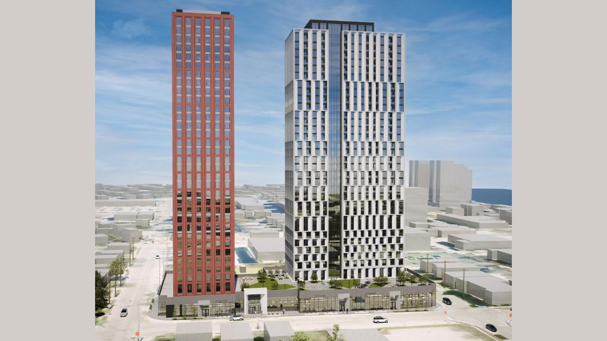 Rendering of two modern high-rise buildings.
