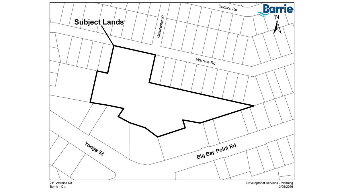 Map outlining the subject lands on Warnica Road.