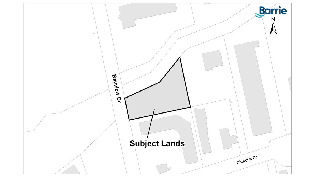 Map showing a outlined area labeled "Study Lands" in Barrie, Ontario.