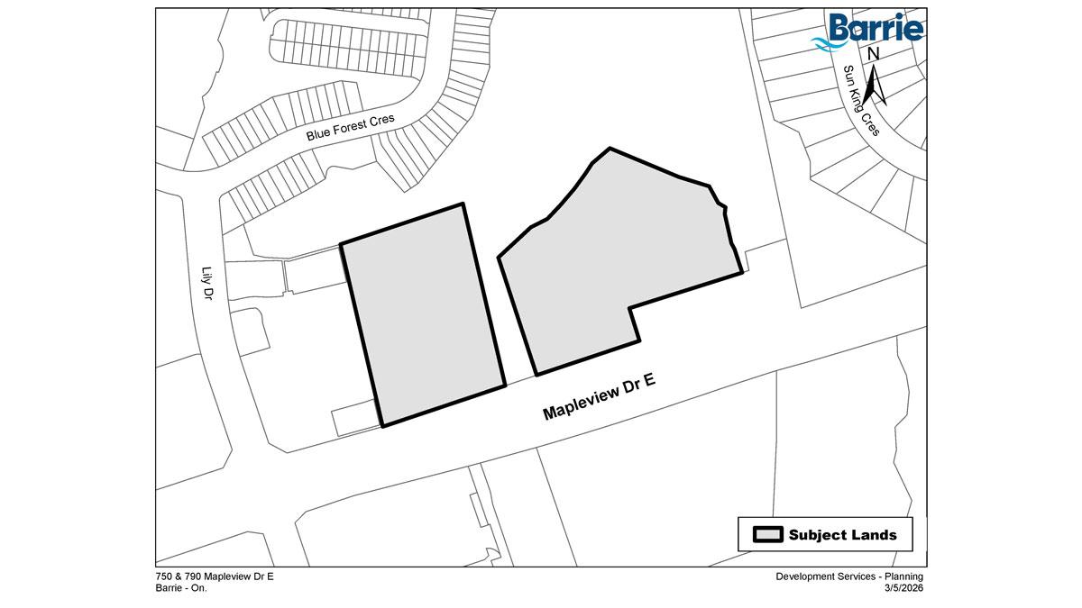 Map outlining the subject lands on Mapleview Drive East.