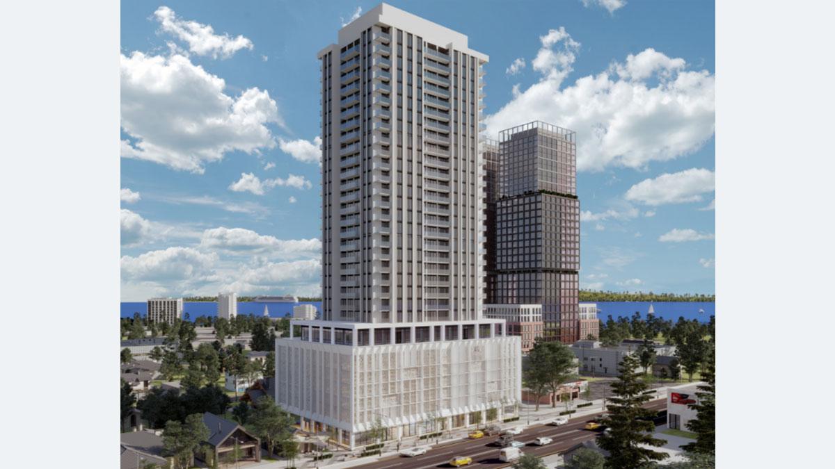 Modern high-rise building, featuring urban landscaping below.
