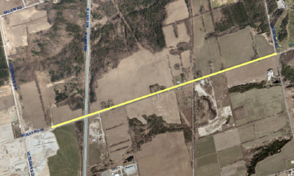 Map highlighting McKay Road from just west of Highway 400 to Huronia Road.