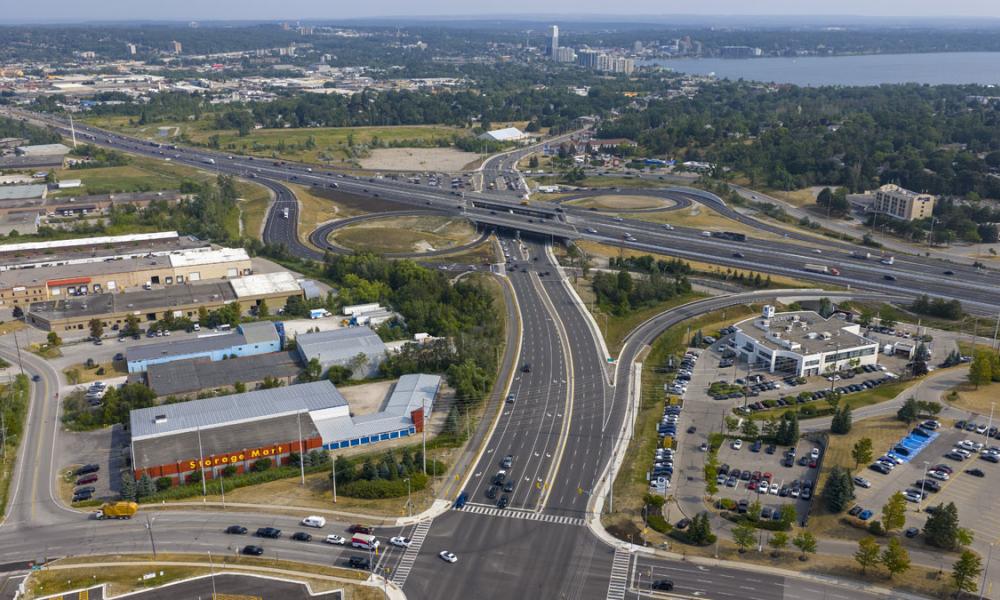 Aerial view of Essa Road widened to six lanes and the new overpass